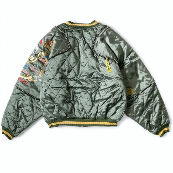 RARE Kapital Rayon Satin Quilting Japan Pillow Bomber Jacket Olive - Picture 5 of 11